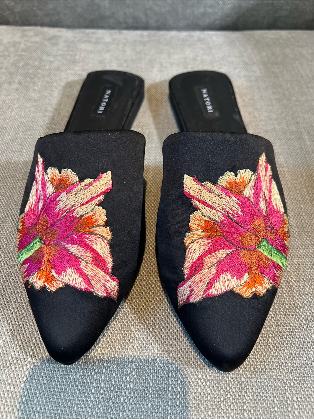 Natori Black Embroidered Floral Pointed-Toe Mules - Pink & Orange Accent